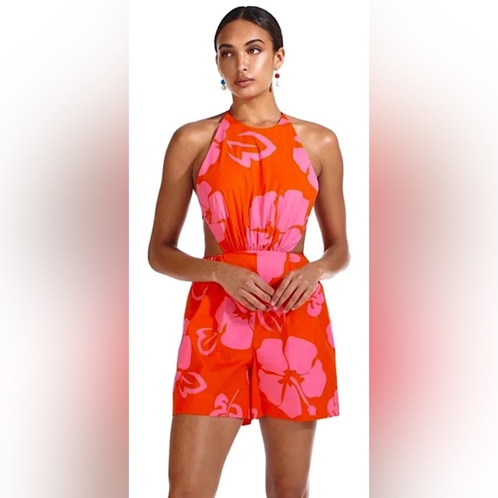 NWOT Staud Printed Halter Neck Georgia Rent The Runway Romper Pink Red Size 10 - Picture 1 of 16